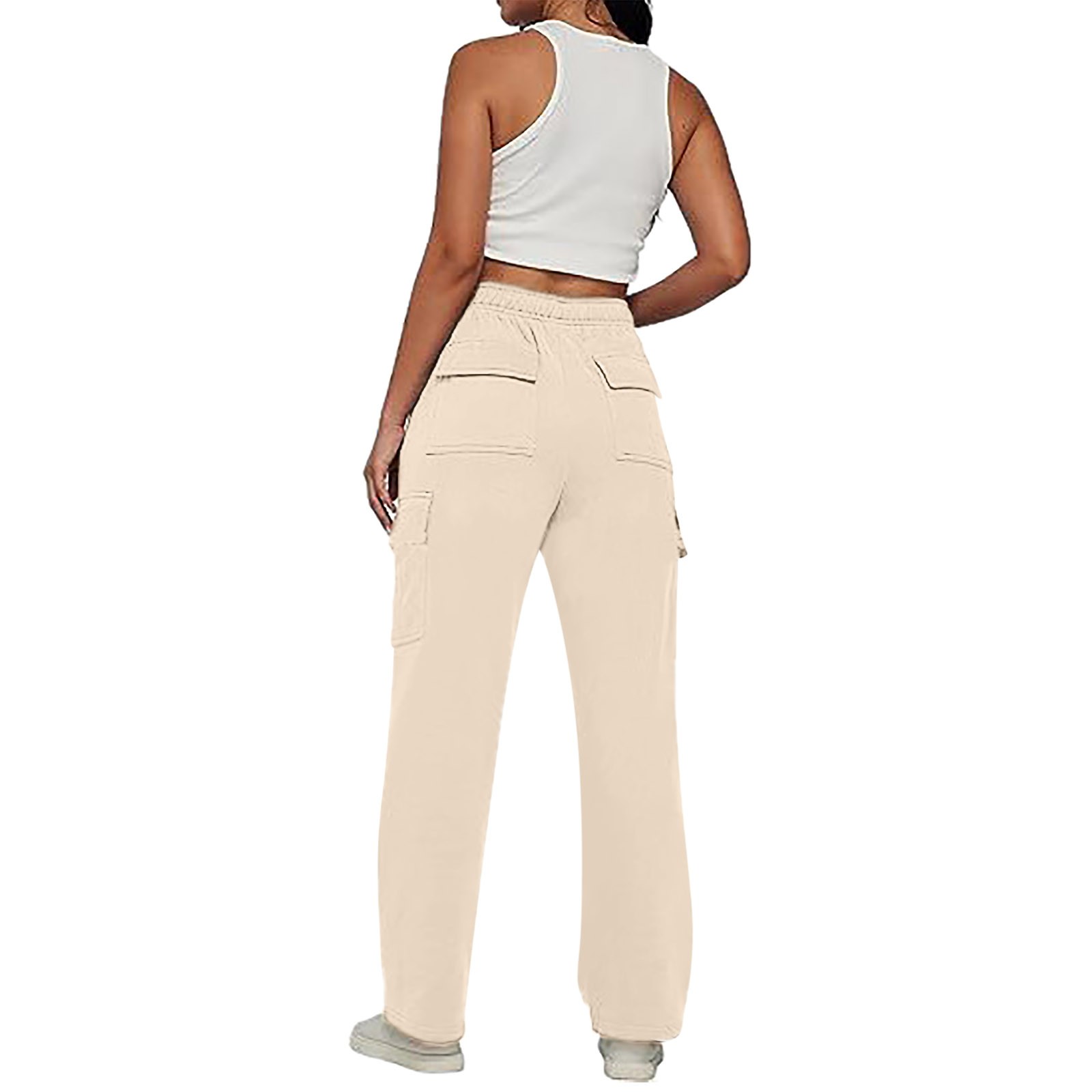 thumbnail image 4 of Pantalones rectos lisos con cintura elástica para mujer - Diseño con tirantes, poliéster, ropa informal - Tallas S-XXL, 4 of 6